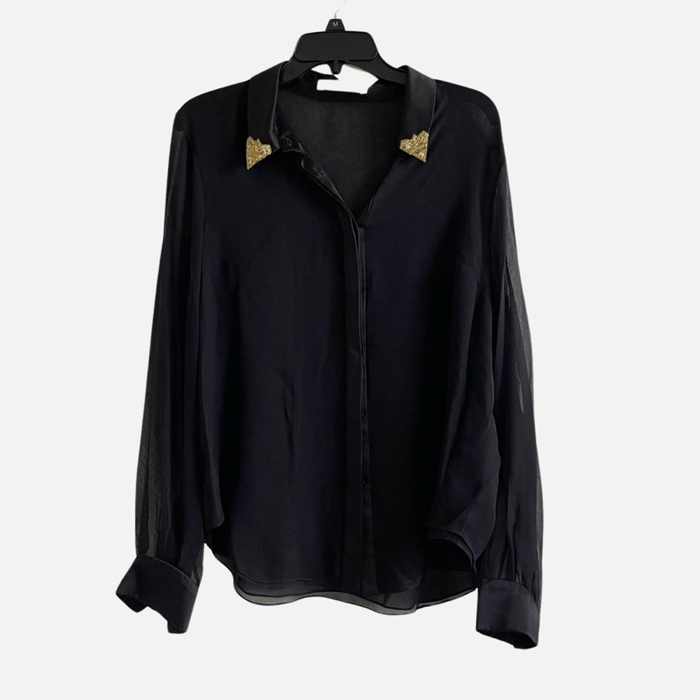 Jason Wu 100% Silk Button Down Collard Long Sleeve Blouse Shirt w Gold 12